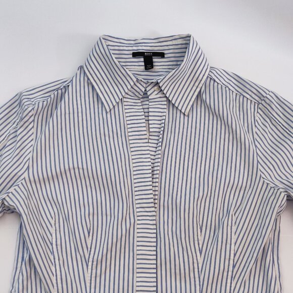 Hugo Boss blouse women's size 8 white with blue stripes business casual - Picture 2 of 14